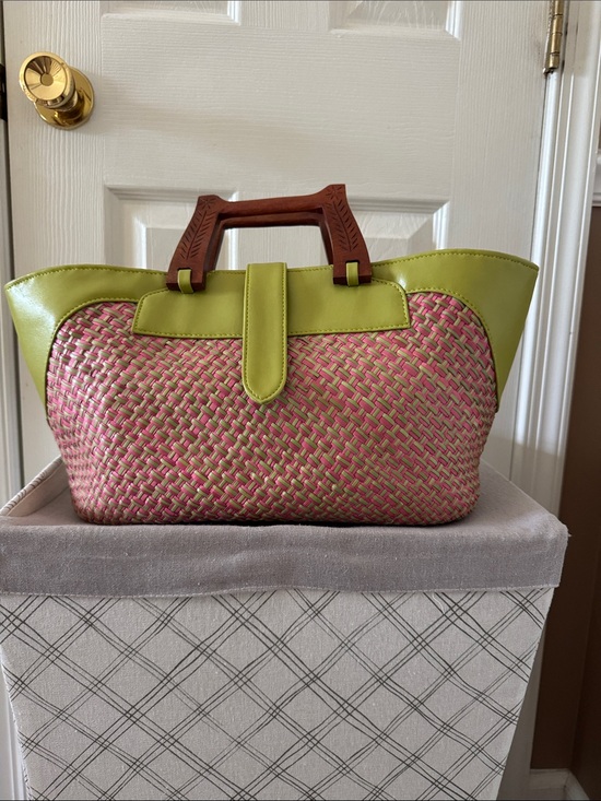 Handbags - Lime Green and Pink Woven Tote Bag